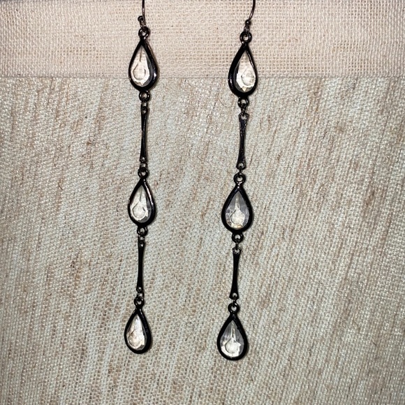 Jewelry - 4” drop dangle earrings dark silver metal & clear crystal jewels 3 tier hanging​